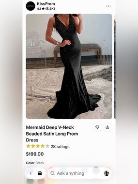 KissProm Black Beaded Satin Mermaid Gown